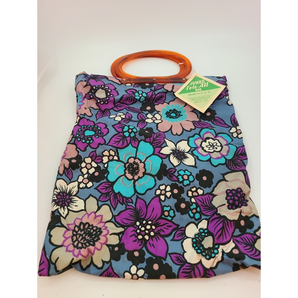 Tote-All bag by Fertig Products a Bold 1960s Floral Print Tortoiseshell Handles.
